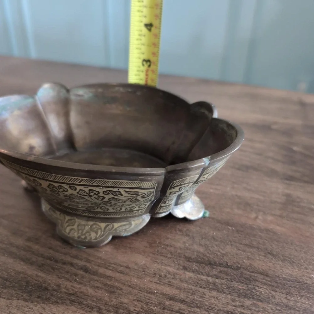 Vintage Etched Brass Footed Bowl Floral Scalloped Made in India Trinket Dish